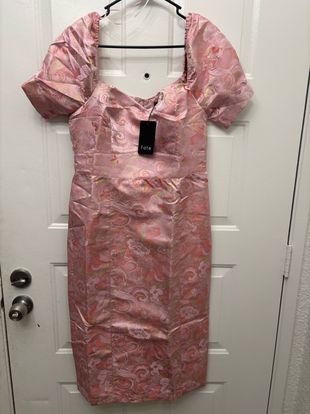 Fate Pink Brocade Midi Dress with Puff Sleeves